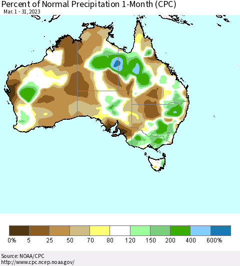 Australia Percent of Normal Precipitation 1-Month (CPC) Thematic Map For 3/1/2023 - 3/31/2023