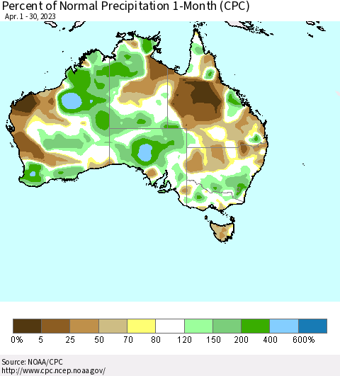 Australia Percent of Normal Precipitation 1-Month (CPC) Thematic Map For 4/1/2023 - 4/30/2023