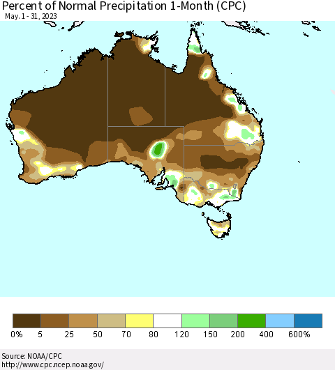 Australia Percent of Normal Precipitation 1-Month (CPC) Thematic Map For 5/1/2023 - 5/31/2023