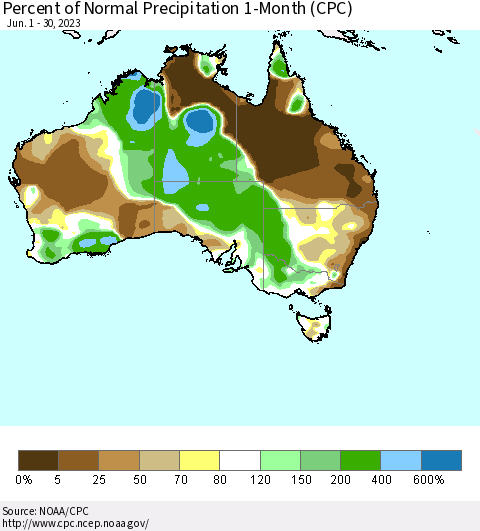 Australia Percent of Normal Precipitation 1-Month (CPC) Thematic Map For 6/1/2023 - 6/30/2023