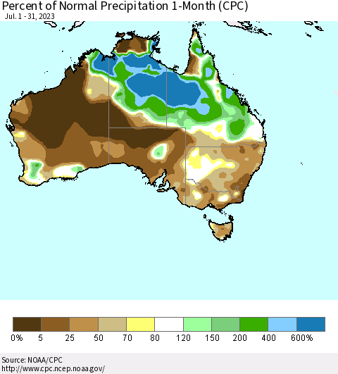 Australia Percent of Normal Precipitation 1-Month (CPC) Thematic Map For 7/1/2023 - 7/31/2023