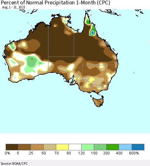 Australia Percent of Normal Precipitation 1-Month (CPC) Thematic Map For 8/1/2023 - 8/31/2023