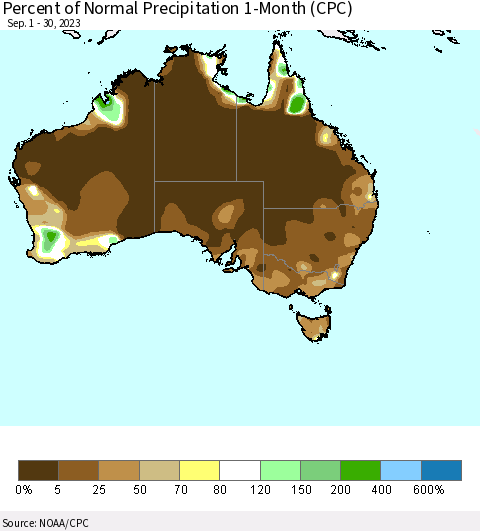 Australia Percent of Normal Precipitation 1-Month (CPC) Thematic Map For 9/1/2023 - 9/30/2023