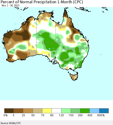 Australia Percent of Normal Precipitation 1-Month (CPC) Thematic Map For 11/1/2023 - 11/30/2023
