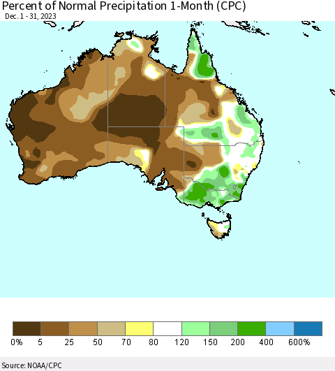 Australia Percent of Normal Precipitation 1-Month (CPC) Thematic Map For 12/1/2023 - 12/31/2023