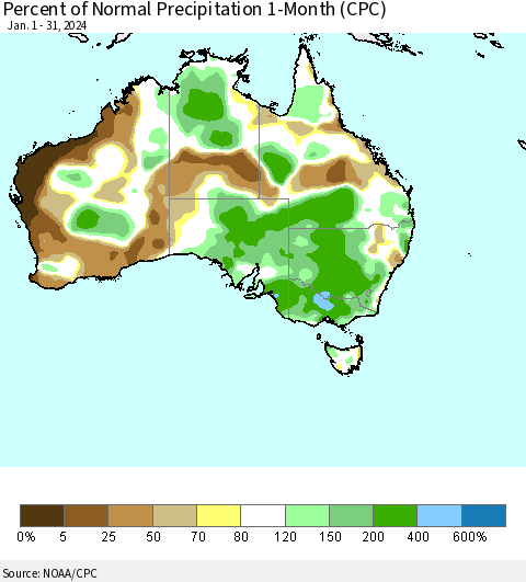 Australia Percent of Normal Precipitation 1-Month (CPC) Thematic Map For 1/1/2024 - 1/31/2024