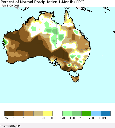Australia Percent of Normal Precipitation 1-Month (CPC) Thematic Map For 2/1/2024 - 2/29/2024