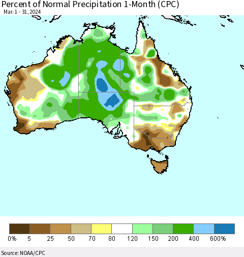 Australia Percent of Normal Precipitation 1-Month (CPC) Thematic Map For 3/1/2024 - 3/31/2024