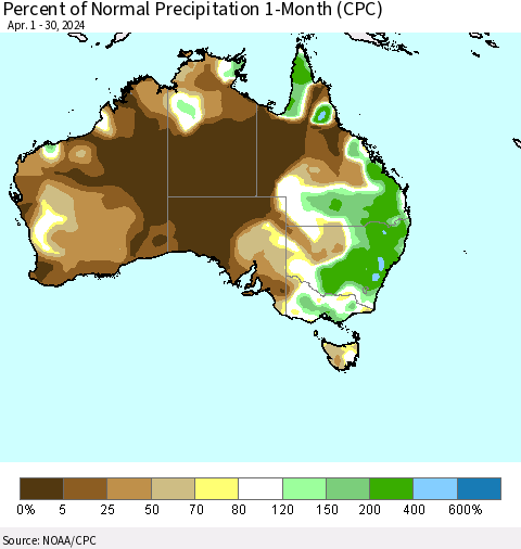 Australia Percent of Normal Precipitation 1-Month (CPC) Thematic Map For 4/1/2024 - 4/30/2024