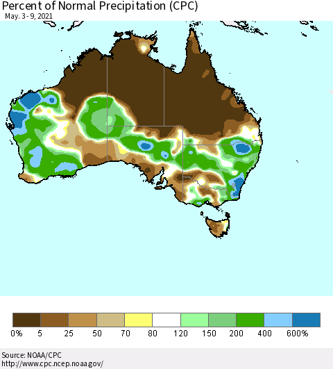 Australia Percent of Normal Precipitation (CPC) Thematic Map For 5/3/2021 - 5/9/2021