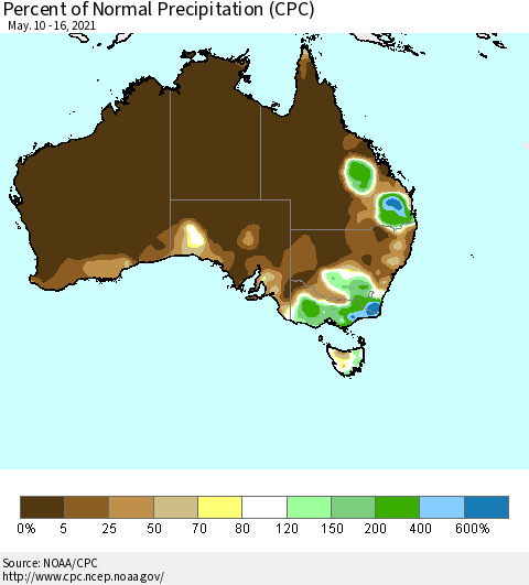 Australia Percent of Normal Precipitation (CPC) Thematic Map For 5/10/2021 - 5/16/2021