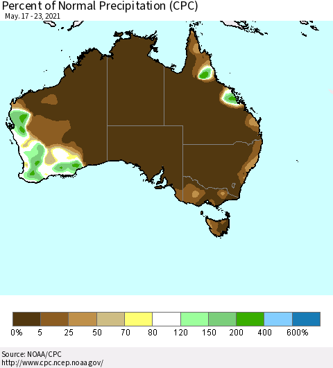 Australia Percent of Normal Precipitation (CPC) Thematic Map For 5/17/2021 - 5/23/2021