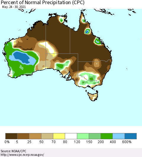 Australia Percent of Normal Precipitation (CPC) Thematic Map For 5/24/2021 - 5/30/2021