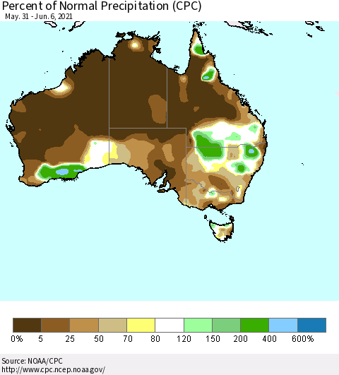 Australia Percent of Normal Precipitation (CPC) Thematic Map For 5/31/2021 - 6/6/2021