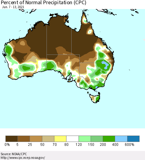Australia Percent of Normal Precipitation (CPC) Thematic Map For 6/7/2021 - 6/13/2021