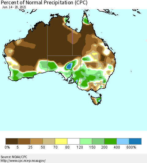 Australia Percent of Normal Precipitation (CPC) Thematic Map For 6/14/2021 - 6/20/2021