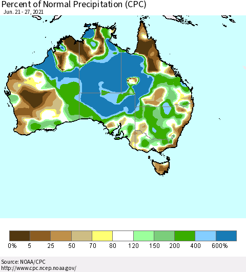Australia Percent of Normal Precipitation (CPC) Thematic Map For 6/21/2021 - 6/27/2021