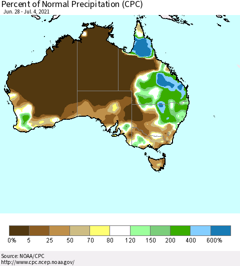 Australia Percent of Normal Precipitation (CPC) Thematic Map For 6/28/2021 - 7/4/2021
