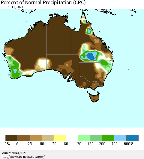 Australia Percent of Normal Precipitation (CPC) Thematic Map For 7/5/2021 - 7/11/2021