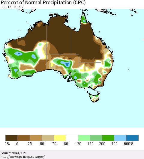 Australia Percent of Normal Precipitation (CPC) Thematic Map For 7/12/2021 - 7/18/2021