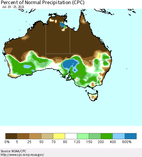 Australia Percent of Normal Precipitation (CPC) Thematic Map For 7/19/2021 - 7/25/2021