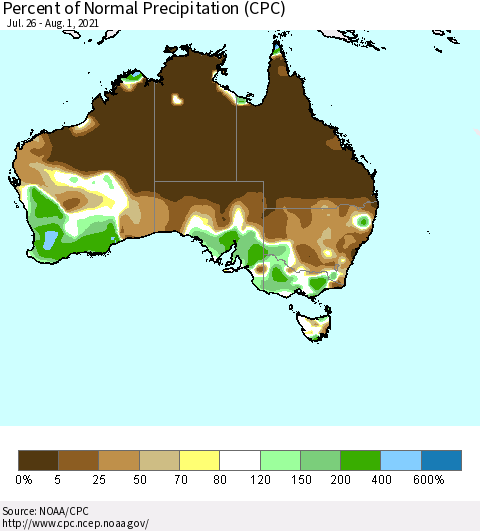 Australia Percent of Normal Precipitation (CPC) Thematic Map For 7/26/2021 - 8/1/2021