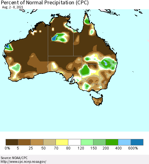 Australia Percent of Normal Precipitation (CPC) Thematic Map For 8/2/2021 - 8/8/2021