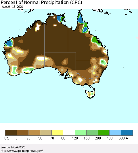 Australia Percent of Normal Precipitation (CPC) Thematic Map For 8/9/2021 - 8/15/2021