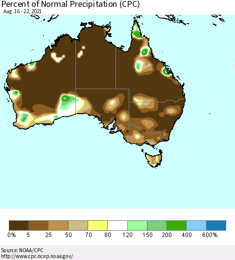 Australia Percent of Normal Precipitation (CPC) Thematic Map For 8/16/2021 - 8/22/2021