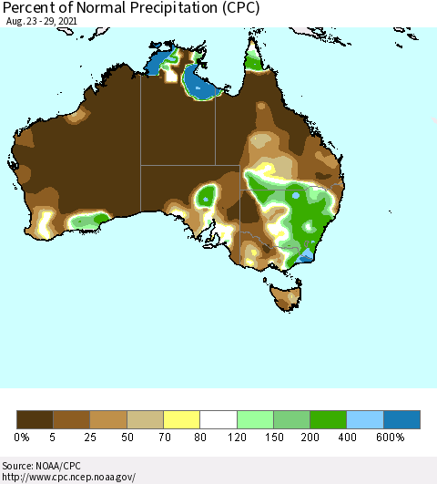 Australia Percent of Normal Precipitation (CPC) Thematic Map For 8/23/2021 - 8/29/2021