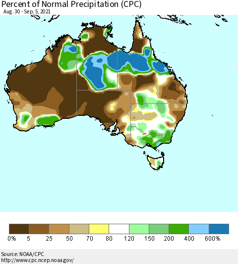 Australia Percent of Normal Precipitation (CPC) Thematic Map For 8/30/2021 - 9/5/2021