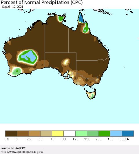 Australia Percent of Normal Precipitation (CPC) Thematic Map For 9/6/2021 - 9/12/2021