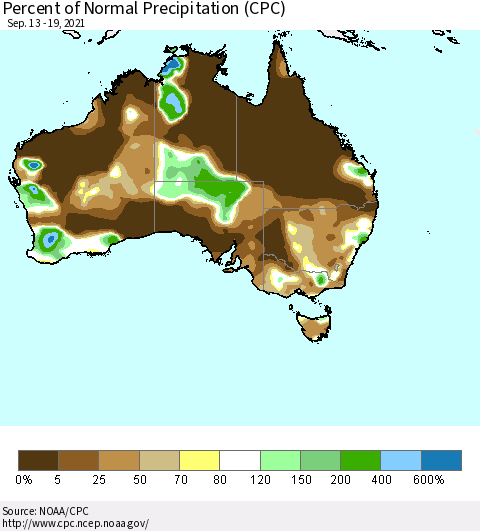 Australia Percent of Normal Precipitation (CPC) Thematic Map For 9/13/2021 - 9/19/2021