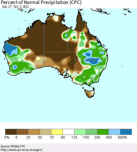 Australia Percent of Normal Precipitation (CPC) Thematic Map For 9/27/2021 - 10/3/2021