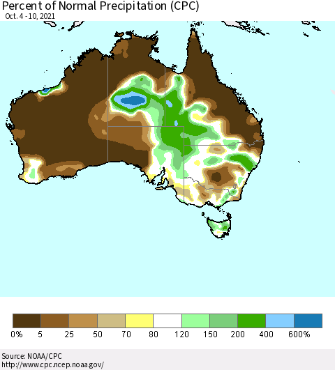 Australia Percent of Normal Precipitation (CPC) Thematic Map For 10/4/2021 - 10/10/2021