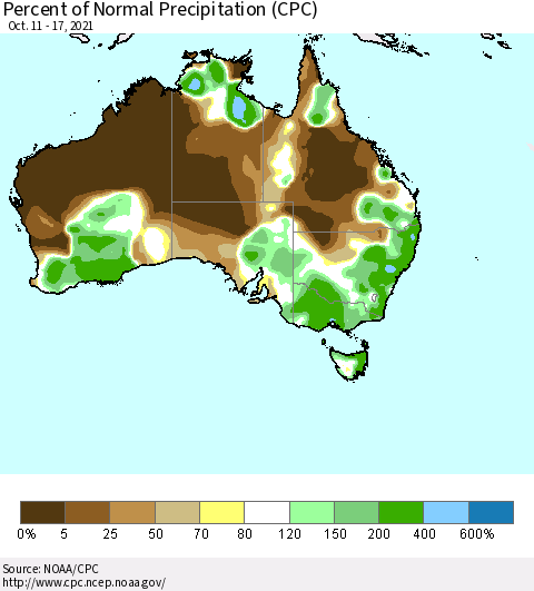 Australia Percent of Normal Precipitation (CPC) Thematic Map For 10/11/2021 - 10/17/2021