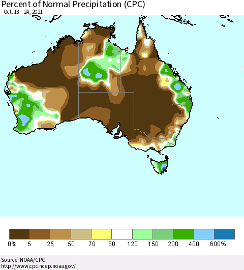Australia Percent of Normal Precipitation (CPC) Thematic Map For 10/18/2021 - 10/24/2021