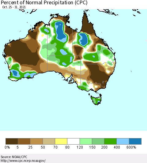 Australia Percent of Normal Precipitation (CPC) Thematic Map For 10/25/2021 - 10/31/2021