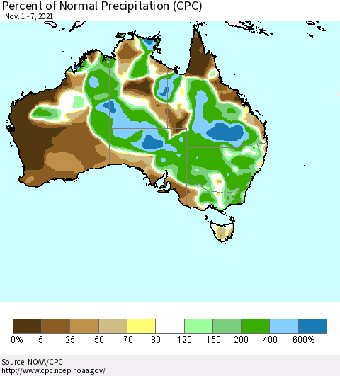 Australia Percent of Normal Precipitation (CPC) Thematic Map For 11/1/2021 - 11/7/2021