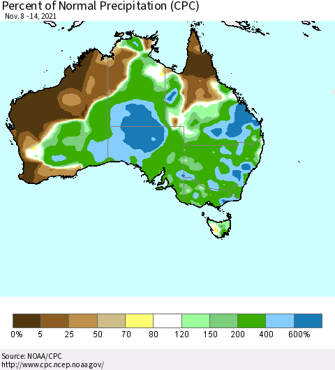 Australia Percent of Normal Precipitation (CPC) Thematic Map For 11/8/2021 - 11/14/2021