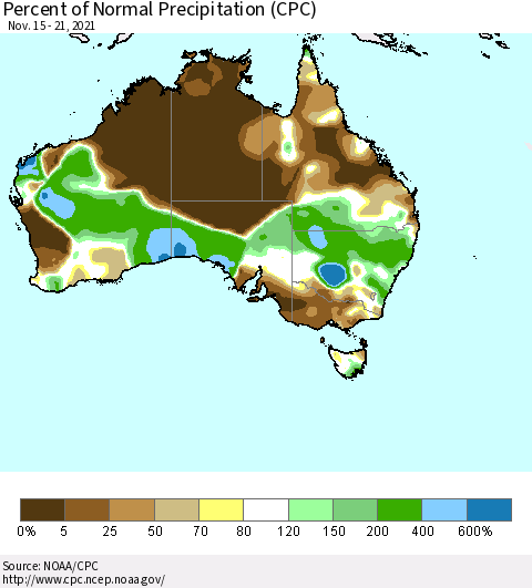 Australia Percent of Normal Precipitation (CPC) Thematic Map For 11/15/2021 - 11/21/2021