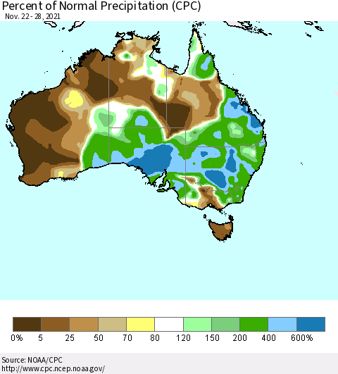 Australia Percent of Normal Precipitation (CPC) Thematic Map For 11/22/2021 - 11/28/2021