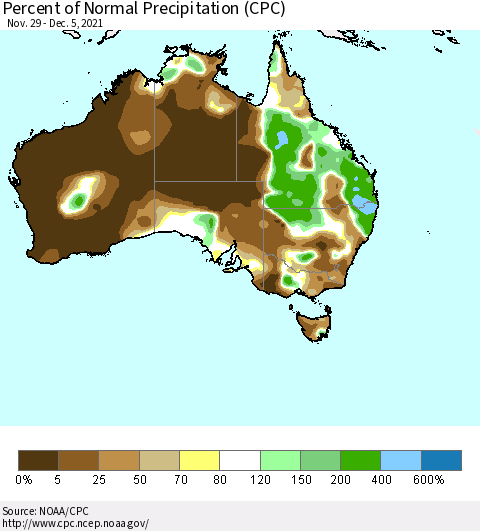 Australia Percent of Normal Precipitation (CPC) Thematic Map For 11/29/2021 - 12/5/2021
