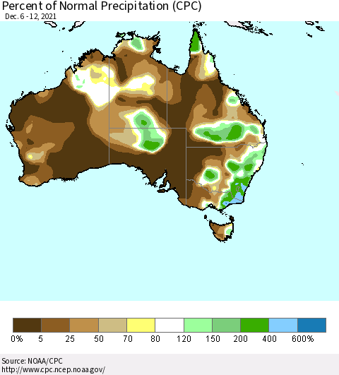 Australia Percent of Normal Precipitation (CPC) Thematic Map For 12/6/2021 - 12/12/2021