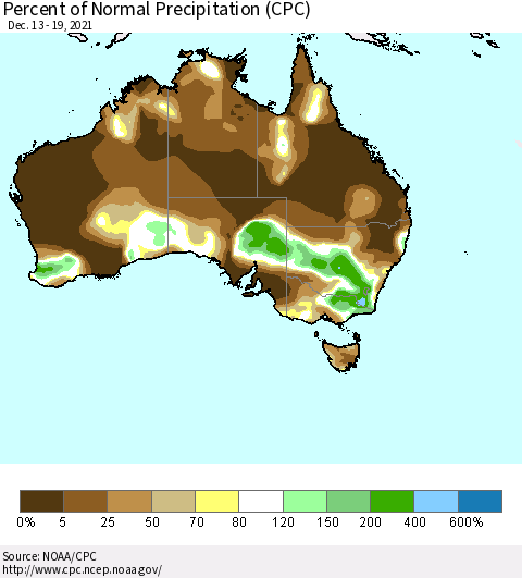 Australia Percent of Normal Precipitation (CPC) Thematic Map For 12/13/2021 - 12/19/2021