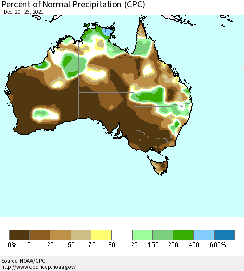 Australia Percent of Normal Precipitation (CPC) Thematic Map For 12/20/2021 - 12/26/2021