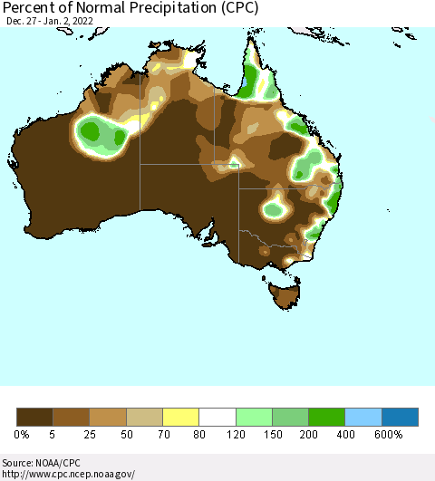 Australia Percent of Normal Precipitation (CPC) Thematic Map For 12/27/2021 - 1/2/2022