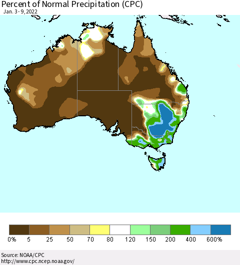 Australia Percent of Normal Precipitation (CPC) Thematic Map For 1/3/2022 - 1/9/2022