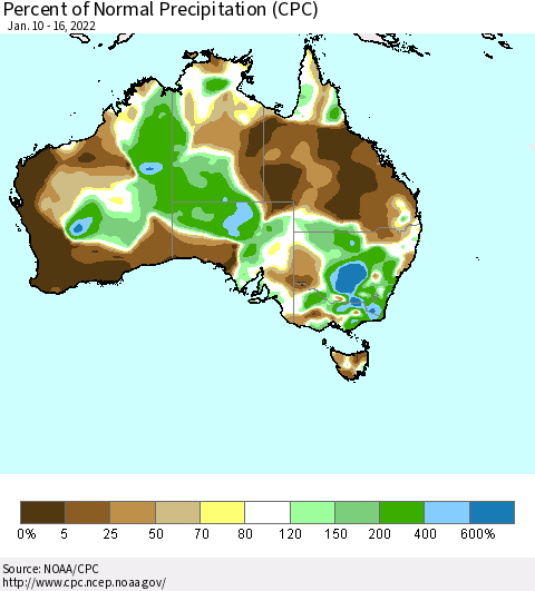 Australia Percent of Normal Precipitation (CPC) Thematic Map For 1/10/2022 - 1/16/2022