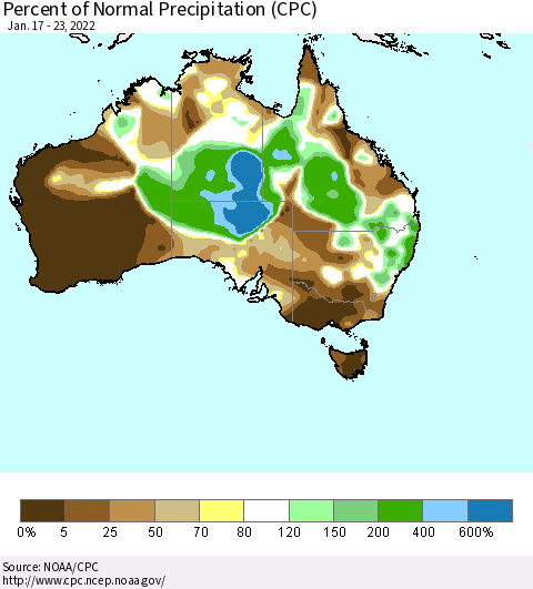 Australia Percent of Normal Precipitation (CPC) Thematic Map For 1/17/2022 - 1/23/2022